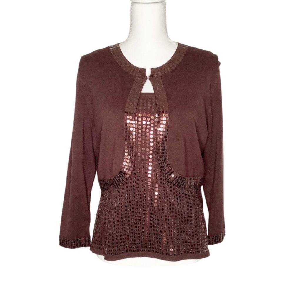 By Artisan Brown Sequin Sweater Shell And Cropped Cardigan Set Large